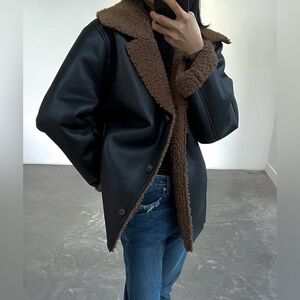 OAK + FORT SHERPA TRIMMED VEGAN LEATHER JACKET